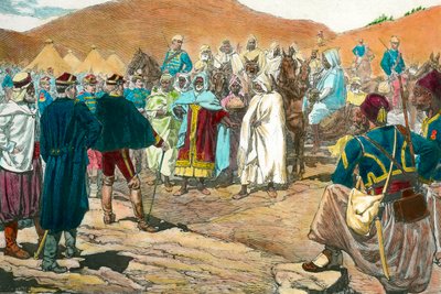 Kolonialismi: Tunisian heimojohtajat tulevat parlamenttiin. Kaiverrus 1800-luvun yksityiskokoelmasta tekijältä Unknown artist