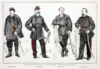 Mobilisoitujen rauhanturvaajien komentajat (divisioonatarkastajat), vasemmalta oikealle: Mr. Foucault, Mr. Giobergia, Mr. Vassal, Mr. Archer. Värietsaus, havainnollistava "History of the Corps of the Peacekeepers" -kirja, joka on julkaistu suojeluksessa tekijältä Unknown artist