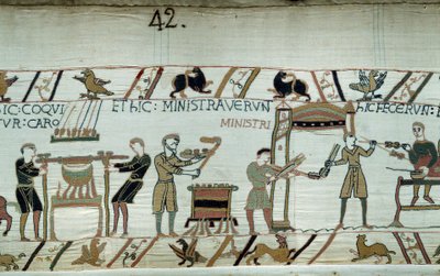 Normandian herttua William Valloittaja (1027-1087) valloitti Englannin vuonna 1066: herttualle ja hänen panssarinsa juhlan valmistelu ennen Hastingsin taistelua, lihapaisti, palvelijat valmistavat siipikarjan Yksityiskohta Bayeux