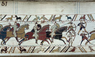 Normandian herttua William Valloittajan (1027-1087) valloitus Englannissa vuonna 1066: Hastingsin taistelun alku. Yksityiskohta Bayeux