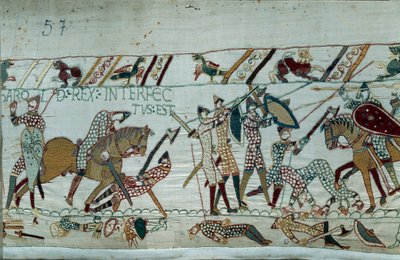 Normandian herttua William Valloittajan (1027-1087) valloitus Englannin vuonna 1066: kuningas Harold II:n kuolema nuolen silmässä Hastingsin taistelussa. Yksityiskohta Bayeux