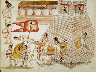 Meksikon valloitus: Atsteekkien valtakunnan pääkaupungin Tenochtitlanin tuhoaminen valloittaja Hernan Cortesin (Hernando Cortezin) (1485-1547) armeijan toimesta 24.6.1520”” Miniatyyri käsikirjoituksesta tekijältä Unknown artist