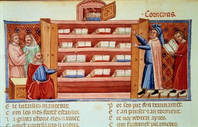 Cornelius Nepos, roomalainen elämäkerran kirjoittaja (100-25 eKr.), löytää vaatekaapista Dares of Frygianin Troijan historian. Miniatyyri Benoit de Sainte-Mauren (1100-luku) teoksessa "Le Roman de Troie" (Folio 2v) tekijältä Unknown artist