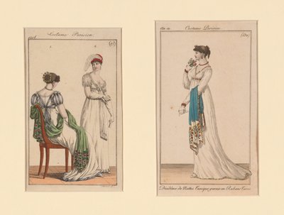 "Costume Parisien" -muotilevyt lehdistä Journal des Dames et Des Modes ja Costume Parisien (Naisten ja muodin lehti) tekijältä Unknown artist