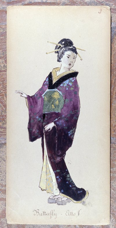 Madame Butterflyn II näytöksen puku Giacomo Puccinin Madame Butterfly -teoksen luomista varten vuonna 1904.Museo della Scalan kokoelma Milanossa. tekijältä Unknown artist