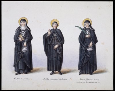 Puvut: 1. Santa Ubaldesca, 2. St Ugo di Genova, 3. Santa Toscana di Vita. sd. 1800-luvulla. tekijältä Unknown artist