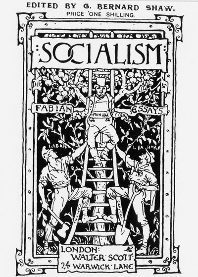 Fabian Society -lehden "Socialism" kansi, toimittanut G. B. Shaw. Allegoria edustaa asteikon huipulla olevaa etuoikeutta, joka symboloi pääomaa ja työntekijöiden valvontaa kahdella aseella. Kaiverrus. tekijältä Unknown artist