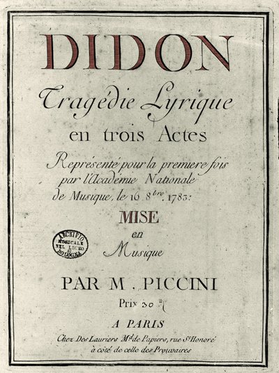 Kansi säveltäjä Niccolo Vito Piccinin (tai Piccinin) (1728-1800) oopperan "" Didon"" libretosta. 1783 tekijältä Unknown artist