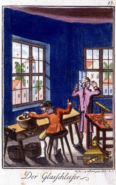 Käsityöt: lasiräätäli työpajassaan. Johan Peter Vuen teoksessa ”Kattava kuvaus taiteesta ja käsityöstä ja työpajoista nuorille”. Ed. Nürnberg, Weigel ja Schneider tekijältä Unknown artist
