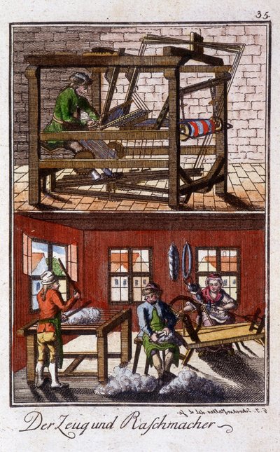 Käsityöt: kutoja työpajassaan. Johan Peter Vuen teoksessa ”Kattava kuvaus taiteesta ja käsityöstä ja työpajoista nuorille”. Ed. Nürnberg, Weigel ja Schneider tekijältä Unknown artist