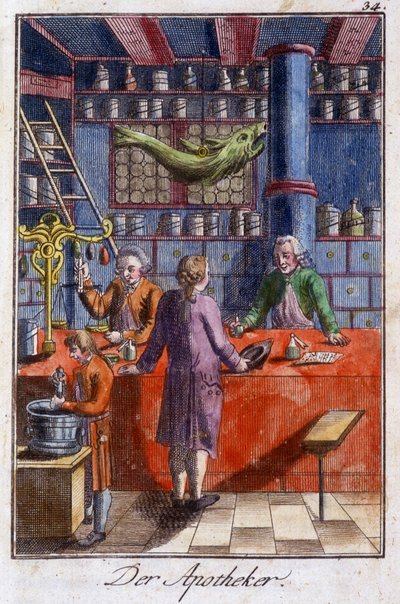 Käsityöt: apteekki (apteekkari) työpajassaan. Johan Peter Viren teoksessa ”Kattava kuvaus taiteesta ja työpajoista nuorille”. Ed. Nürnberg, Weigel ja Schneider tekijältä Unknown artist