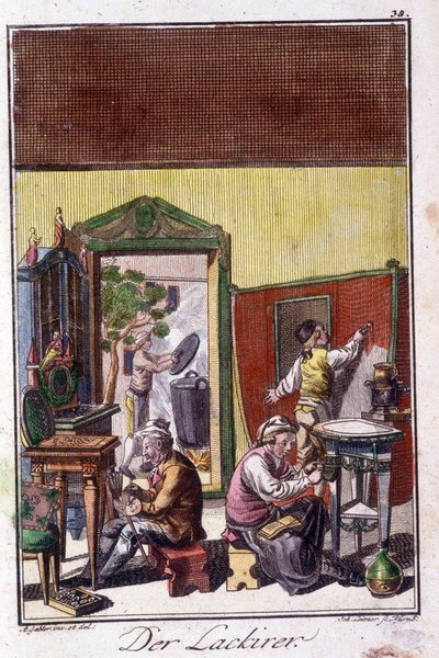 Käsityöt: lakkaisija työpajassaan. Johan Peter Vuen teoksessa ”Kattava kuvaus taiteesta ja käsityöstä ja työpajoista nuorille”. Ed. Nürnberg, Weigel ja Schneider tekijältä Unknown artist
