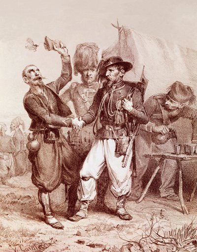Krimin sota (1853-1856): allegoria Ranskan, Sardinian kuningaskunnan ja Englannin välisestä liitosta Venäjää vastaan. 1854 tekijältä Unknown artist