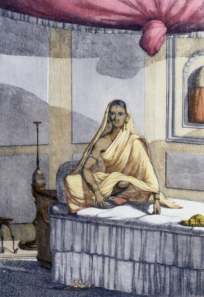 Kulttuuri, sivilisaatio ja intialainen yhteiskunta: "erityinen nainen" tai korkeampaan kastiin kuuluva nainen. Kaiverrus vuodelta 1808. tekijältä Unknown artist