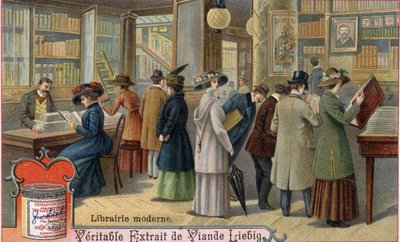 Asiakkaat ja kirjakauppias modernissa kirjakaupassa, 1800-luvun loppu. Kromolitografia, Liebig-kuva. tekijältä Unknown artist