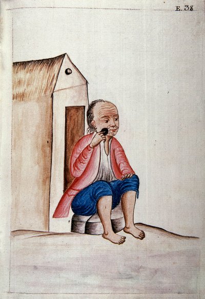 Perun arkielämä ja tavat: "" Intiaani ajelee partaa ovella "" Akvarelliväri otettu Trujillon piispan (1782-1785) Baltasar Martinez Companon y Bajandan kirjasta "" Trujillo del Peru "". 1700-luvun Madrid. Biblioteca del Palacio Real tekijältä Unknown artist