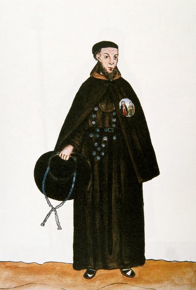 Perun arkielämä ja tavat: "" fransiskaanisen ritarikunnan munkin esitys "" Akvarelli otettu Trujillon piispan (1782-1785) Baltasar Martinez Companon y Bajandan kirjasta "" Trujillo del Peru "". 1700-luvun Madrid. Biblioteca del Palac tekijältä Unknown artist