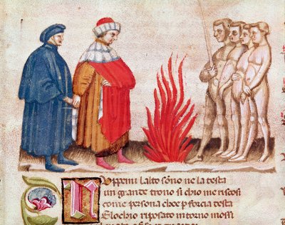 Dante ja Vergilius kirottujen sielujen ympäröimänä (helvetistä, jumalallisessa näytelmässä) - pienoismalli 1400-luvulta tekijältä Unknown artist