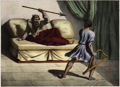 Daavid soittaa sittaria kuningas Saulin edessä rauhoitellakseen häntä. Anonyymi kaiverrus 1800-luvun puolivälistä. tekijältä Unknown artist