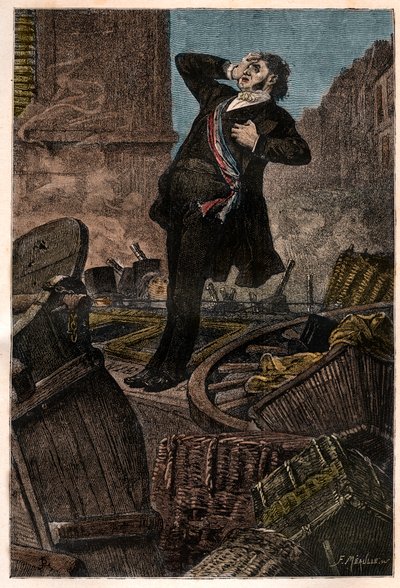 Alphonse Baudinin (1811-1851) kuolema Faubourg Saint Antoinen barrikadilla 3.12.1851 Louis Napoleon III:n (Louis-Napoleon Bonaparte) vallankaappauksen aikana - kaiverrus kirjaan "Histoire d