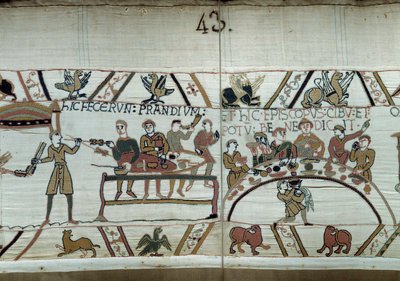 Debarques Englannissa, William Valloittajan (1027-1087) käsivarret pitävät juhlaa odottaessaan taistelua Harold II:n saksilaisia aseita vastaan. Guillaumea ympäröivät Barons ja Eveque Odon -yksityiskohta Bayeux