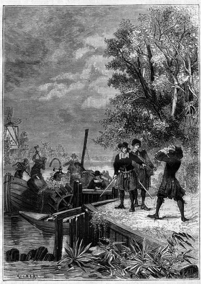 Denis Papin (1647-1712) fyysikko, matemaatikko ja ranskalainen keksijä katselee venetään, joka on varustettu hänen uudella keksinnöllään, vielä tuntemattomalla höyrykonejärjestelmällä, jonka venemiehet tuhosivat myydäkseen joitakin kappaleita. Kaiverrus "" tekijältä Unknown artist