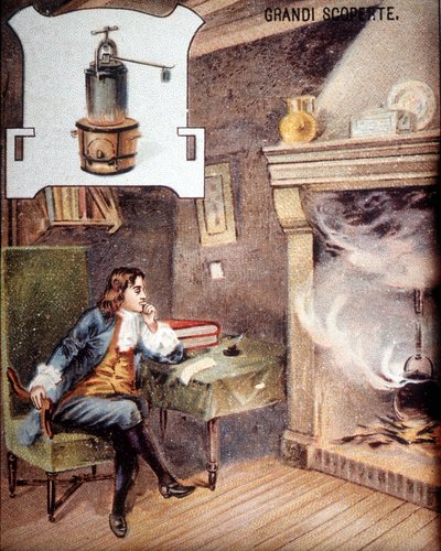 Denis Papin (1647 - 1714) keksii potin. (minuutin cocoten esi-isä) 1800-luvun kromolitografia. tekijältä Unknown artist