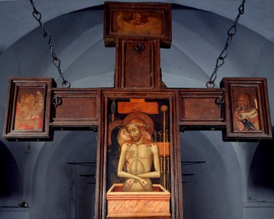 Deploration (Deposition) Anonyymi puumaalaus ristin selässä. 1400-luvun Varazze, Cappella del Castello Invrea Italia tekijältä Unknown artist