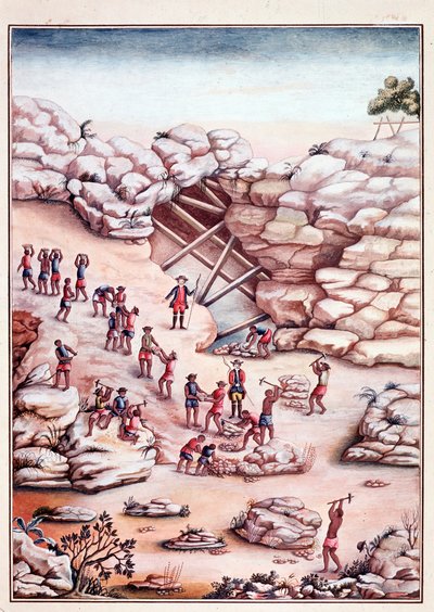 Timanttikaivos kaivoksessa Brasiliassa. Akvarelli 1700-luvun Rio de Janeiro, Biblioteca Nazionale tekijältä Unknown artist