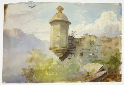 Kupolimainen näköalapaikka seinällä vuoristomaisemassa (etusivu); hahmoja ylittämässä siltaa vuoren edessä (kääntöpuoli). tekijältä Unknown artist