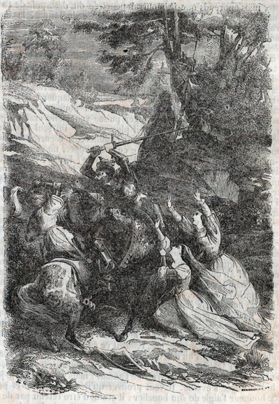Doralice ja Isabelle haluavat erottaa Mandricardin ja Zerbinin - kaiverrus vuodelta 1851 "" Roland furieux