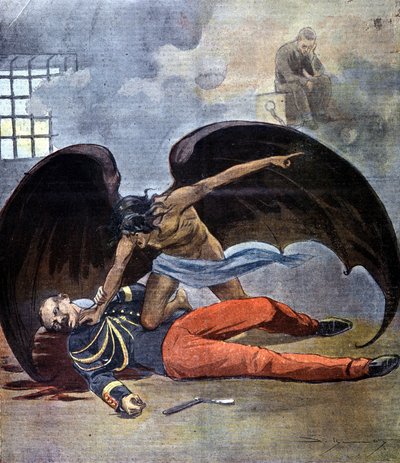 Dreyfus. Everstiluutnantti Hubert Henryn itsemurha sellissään sen jälkeen, kun hänet löydettiin Dreyfusia syyttävän kirjeen kirjoittajaksi. 1898. tekijältä Unknown artist