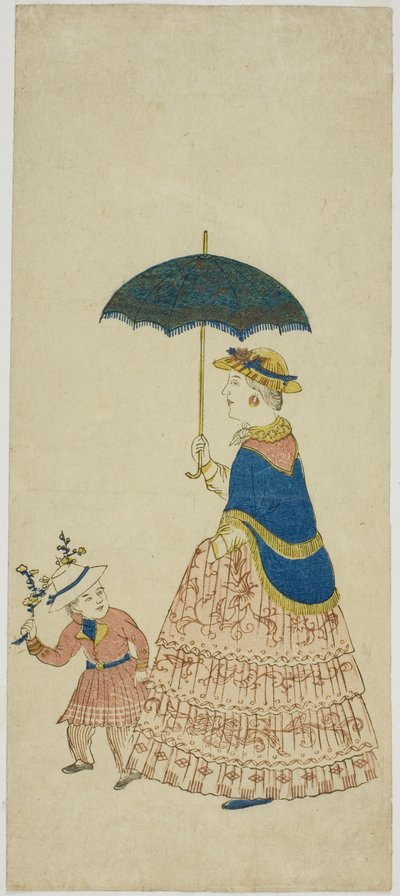 Hollantilainen nainen kantaa aurinkovarjoa pienen pojan kanssa 阿蘭陀婦人と子供 (Orando fujin to kodo mo) tekijältä Unknown artist