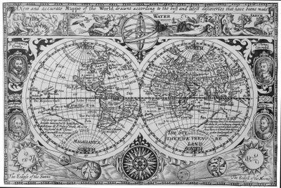 1700-luvun alun maailmankartta Mercatorin mukaan, jossa on sisäkkäisiä muotokuvia tutkimusmatkailijoista (Drake, Magellan, Thomas Cavendish ja Oliver van der Nort), luonnonelementeistä ja pimennyksistä. tekijältä Unknown artist