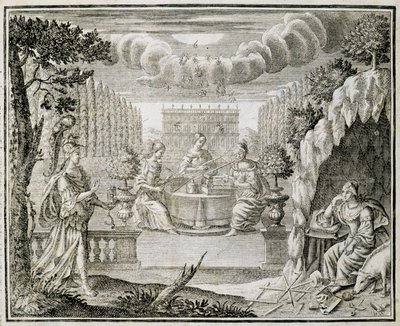 Kaiverrus, joka edustaa kutomakoneilla työskenteleviä naisia. 1700-luvun alku. tekijältä Unknown artist