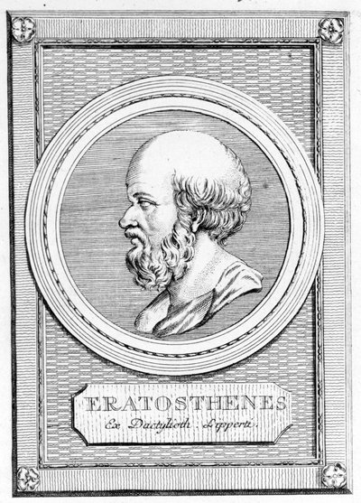 Eratosthenes (275 eKr. - 195 eKr.) matemaatikko, tähtitieteilijä maantieteilijä ja runoilija. Muotokuva jälkikäteen: "Muinaisten kreikkalaisten ja roomalaisten galleria", voi. II. Poschiavo 1784. tekijältä Unknown artist
