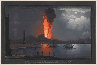 Vesuvius-vuoren purkaus. Yöllinen kohtaus, jossa joukko hahmoja pohtii Vesuviuksen purkausta Napolinlahden vastakkaiselta puolelta, majakka vasemmalla, laivat purjehtivat oikealla ja kaupunki ja tulivuori taustalla; kehyksen sisällä s tekijältä Unknown artist