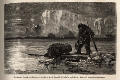 Eskimal-metsästäjät vakoilevat hylkettä jääpakkauksessa olevan onton reiän läpi odottaen yön haudalla harppuunaakseen sen. Kaiverrus havainnollistamaan matkaa arktisen navan vapaalle merelle, tohtori Hayesin, Yhdysvaltain laivaston kirurgin, 1860-1862, tekijältä Unknown artist