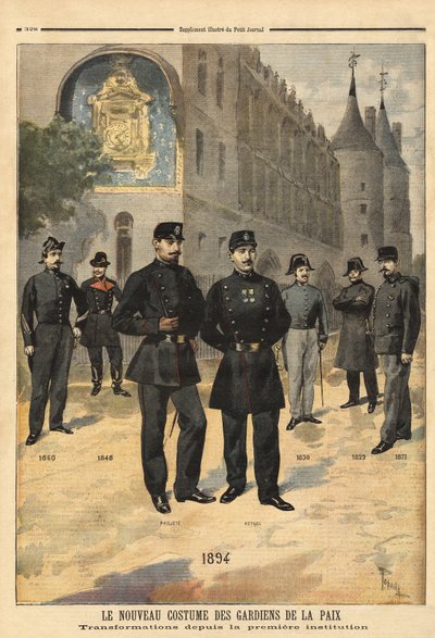 Rauhanturvaajien (tai kaupungin kersanttien) univormujen kehitys vuosina 1860–1894 Conciergen kellotornin edessä, Pariisissa. Kaiverrus "" Le petit Journal" -lehdessä 09/1894. Selvan kokoelma. tekijältä Unknown artist