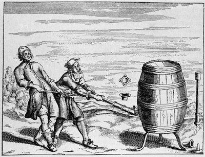Saksalaisen tiedemiehen Otto van Guericken suorittama kokemus ilmanpaineen laskemiseksi. Levy otettu Otto von Guericken (Otto de Guericke) teoksesta "Ottonis de Guericke: Experimenta Nova Magdeburgica de vacuo spatio" tekijältä Unknown artist