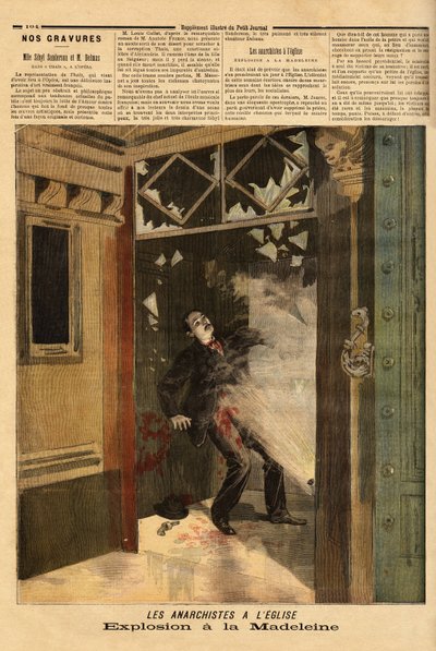 Räjähdys Pariisin La Madeleinen kirkossa, anarkistirikollinen, ainoa uhri, on aiheuttanut oman pomminsa vaikutukset. Kaiverrus "" Le petit Journal" -lehdessä 26/03/1894. Selvan kokoelma. tekijältä Unknown artist
