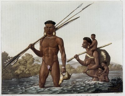 Botocudos-intiaanien perhe palaa metsästyksestä ja ylitti Rio Grande -joen Belmonteen Paraguayssa. Ferrarion teoksessa "" Vanha ja moderni puku" 1818-1820. tekijältä Unknown artist