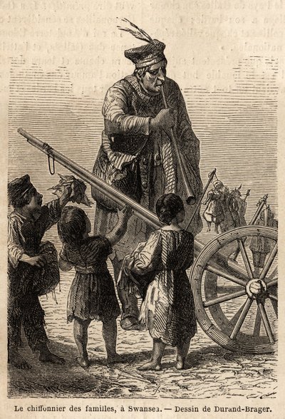 Perherätti Swanseassa. Durand Bragerin piirros havainnollistamaan L. Simoninin vierailua Walesin suuriin tehtaisiin vuonna 1862. Kaiverrus kirjassa "" Le tour du monde", toimittanut Edouard Charton tekijältä Unknown artist
