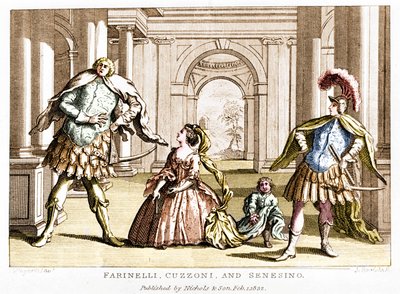Farinelli (Carlo Broschi, toim.; 1705 - 1782) sopraano Cuzzonin ja kastraatti Francesco Bernardo Senesinon (1680 - 1750) kanssa George Frederick Händelin (Georg Friedrich Handel) oopperassa tekijältä Unknown artist