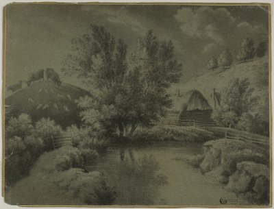 Maatila, jossa lampi etualalla, lehmät laiduntavat kukkulalla tekijältä Unknown artist