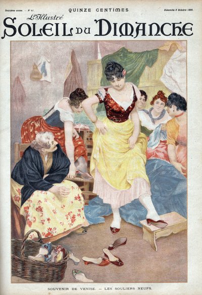 Muoti 1800-luvun lopulla: uudet kengät Venetsiasta. Naiset kokeilevat kenkiä italialaisesta kaupungista. Kaiverrus kirjassa "" Le sun-du-dimanche", 8. lokakuuta tekijältä Unknown artist
