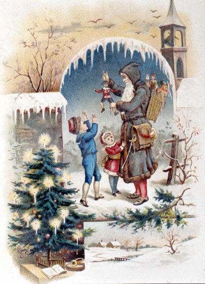 Joulupukki lasten kanssa. 1892 kromolitografia. tekijältä Unknown artist