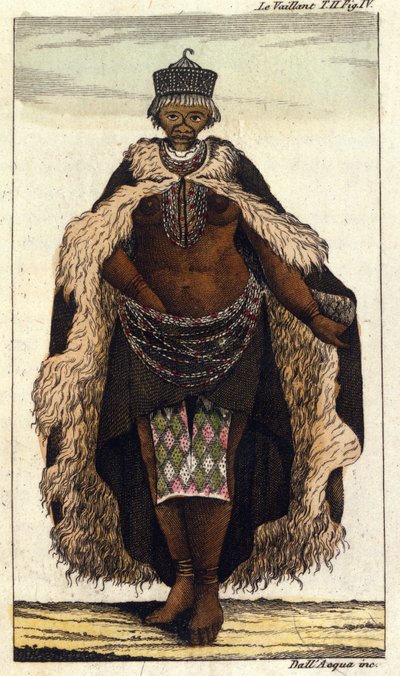 Eteläafrikkalaisen hottentottien heimon naisjäsen, kaiverrus vuodelta 1820. tekijältä Unknown artist