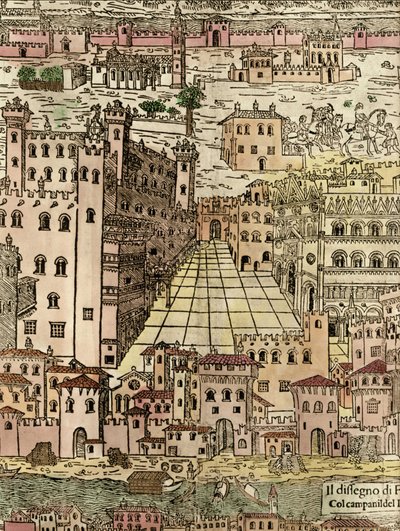 Ferrara: näkymä kaupunkiin, yksityiskohta nimettömästä puupiirroksesta tekijältä Unknown artist