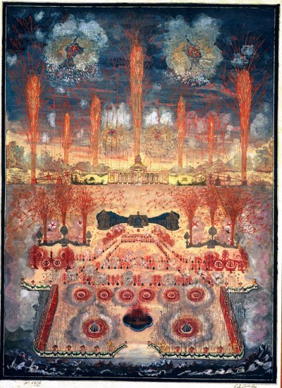 Ilotulitus ja valot 16. kesäkuuta 1744 Moskovassa (Venäjä). Nimetön työ, akvarelli ja guassi pahville, 1700-luvun puoliväli. Rokokootaidetta. Valtion historiallinen museo, Moskova. tekijältä Unknown artist